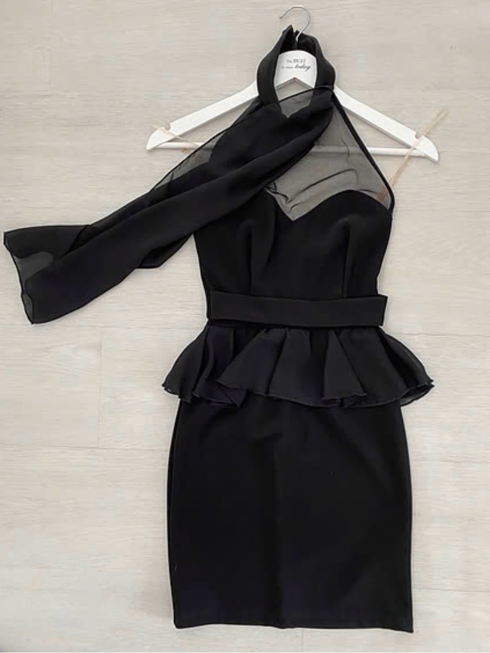 Elegant Black Halter Peplum Dress sheer draped neck scarf detail Size S